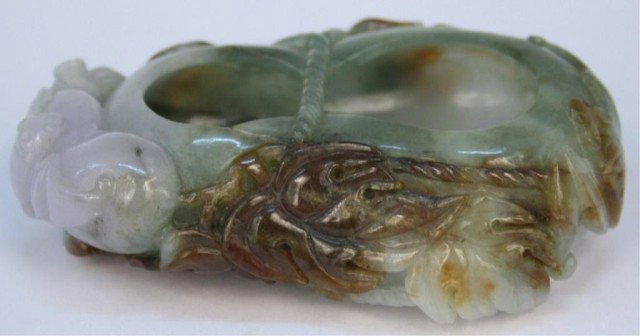 Chinese Carved Jadeite Double Gourd Brushwasher: Finely carved double gourd shaped jadeite brushwasher with bats, China; unmarked. Dimensions: 1"H x 3-1/4"W x2-1/8"D