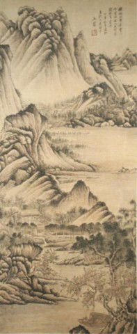 After Wang Meng Chinese Landscape Scroll Painting: Scroll painting of landscape, after Wang Meng, ink on paper, China; marked and sealed. Dimensions: Overall 81"H x 26-3/4"W; Image area 50-3/4"H x 20-3/4"W