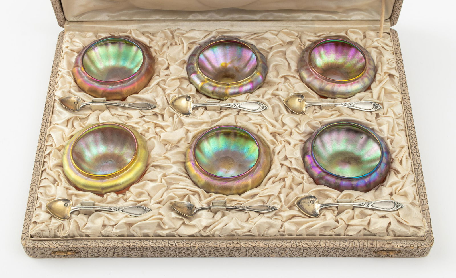 Quezal Art Glass Salt Cellars & Silver Spoons, 6 (1 of 15)