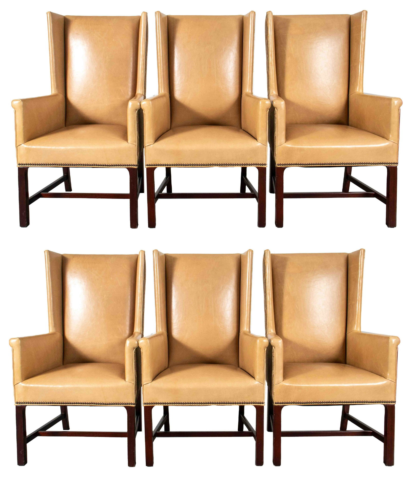 Modern Wingback Leather Armchairs, 6: Modern set of six wingback armchairs with leather upholstered seats and backs, with fabric exterior. 45" H x 25.5" W x 24" D x Seat 17" H. Provenance: Property removed from an Upper East Side townhous