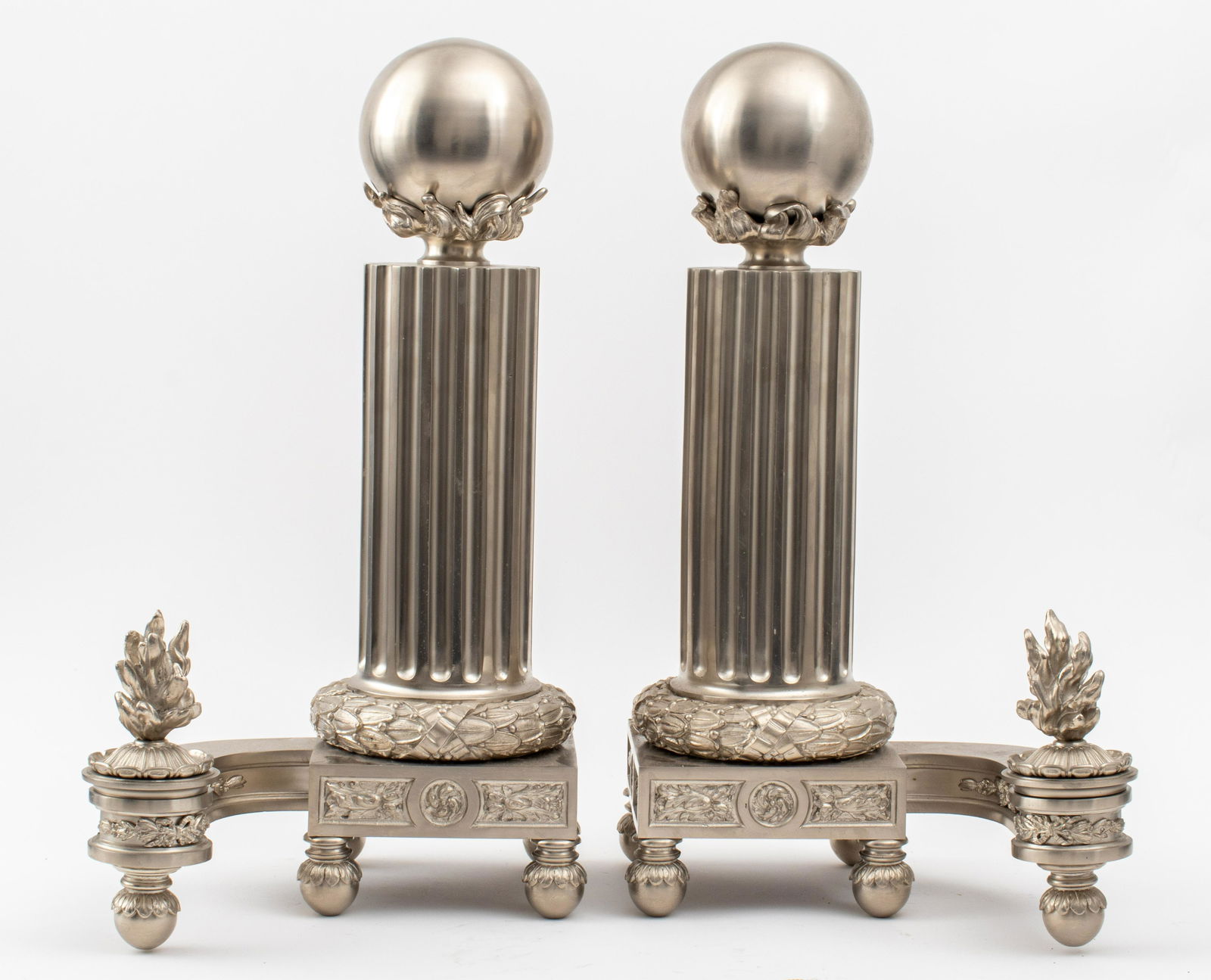 Large Louis XVI Style Silver-Toned Andirons, Pr (1 of 10)