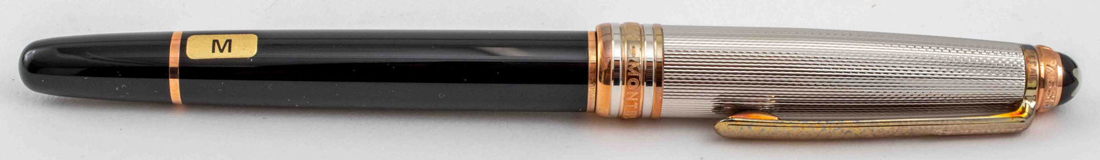 Montblanc Meisterstuck 1924 Edition Fountain Pen: Montblanc Meisterstuck 1924 Limited Anniversary Edtion fountain pen, with a sterling silver cap with a diamond above the clip, 18K rose gold nib, nib width "M," inscribed "Montblanc Meisterstuck / 75