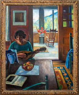 Samuel Halpert "Interior with Lute Player" Oil: Samuel Halpert (American, 1884-1930) "Interior with Lute Player" oil on canvas painting depicting a female musician seated in an arts and crafts style home with Stickley chairs and dining table with f