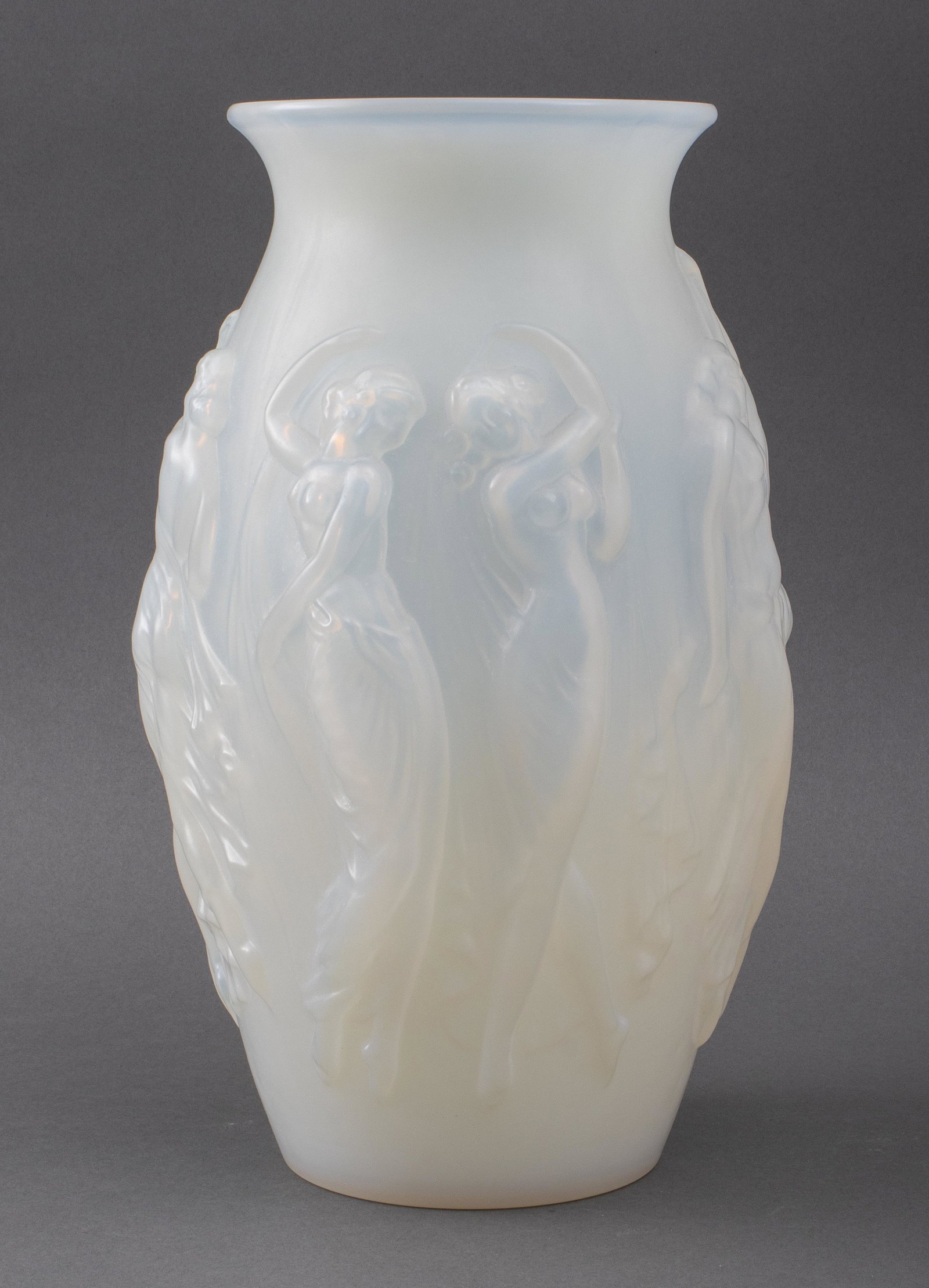 Sabino "La Danse" Opalescent Art Glass Vase: Sabino "La Danse" / (The Dance) opalescent art glass vase, made in France, marked "Sabino / Paris." 14.25" H x 7" diameter. Removed from an 870 UN Plaza estate.