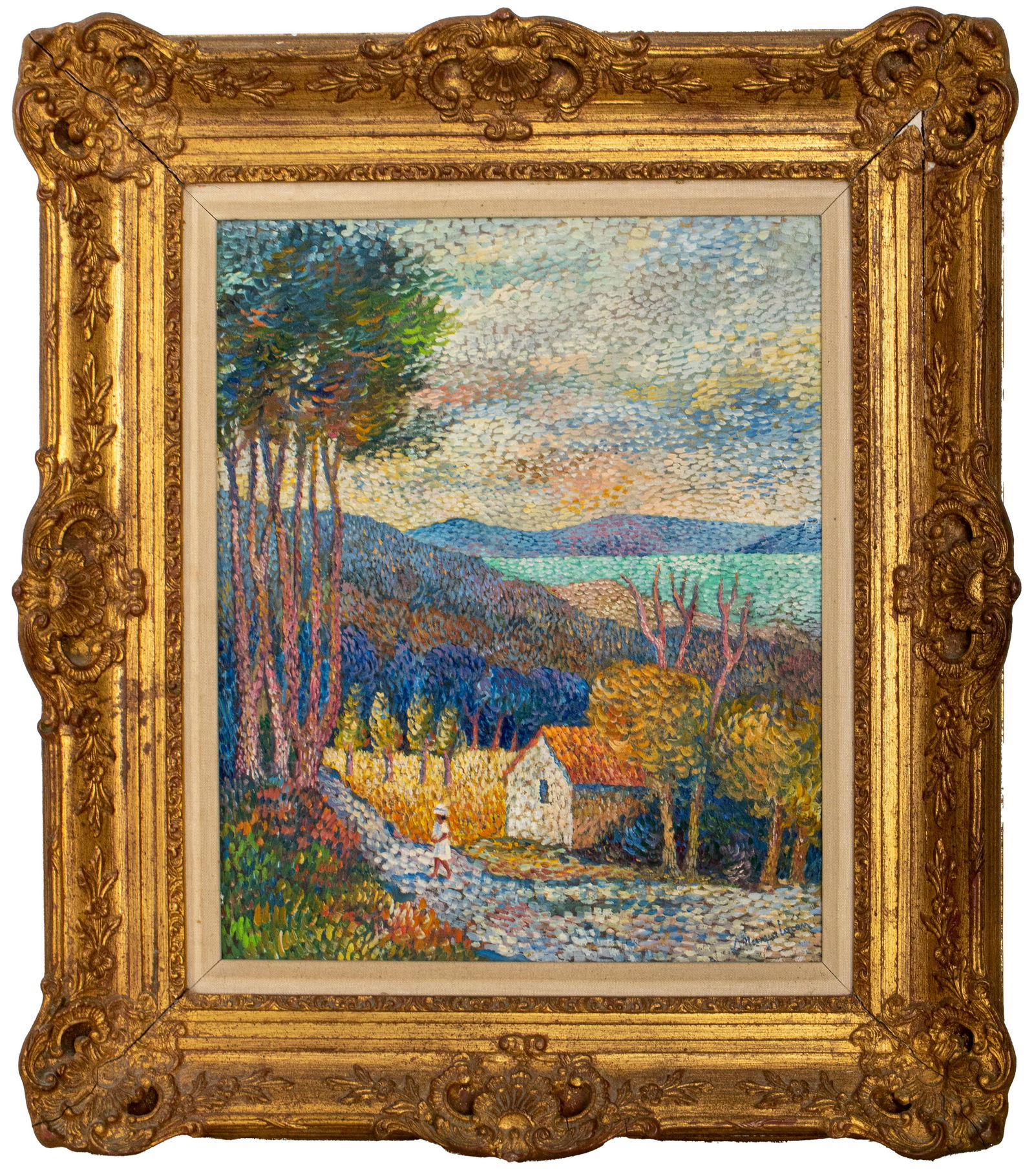 Lucien Neuquelman French Pointillist Landscape Oil: Lucien Neuquelman (French, 1909-1988) "Golfe de St Tropez" Impressionist Pointillist landscape, oil on canvas painting, signed lower right and on back of canvas. Image: 17.5" H x 14" W; frame: 27" H x