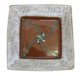 Tatsuzo Shimaoka Japanese Glazed Stoneware Tray: Tatsuzo Shimaoka (1919-2007) Japanese Mid-Century Modern glazed stoneware square tray or plate with rope pattern rim, marked on the bottom. 2.75" H x 11.5" Square.