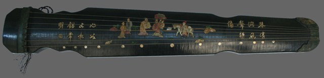 Chinese Lacquer & Inlay Guqin String Instrument: Lacquered guqin stringed instrument with figural scene and calligraphy, wood with soapstone, jade, and mother of pearl inlays, China; marked. Dimensions: Approximately 47-1/2"L x 7"W x 4-1/2"H
