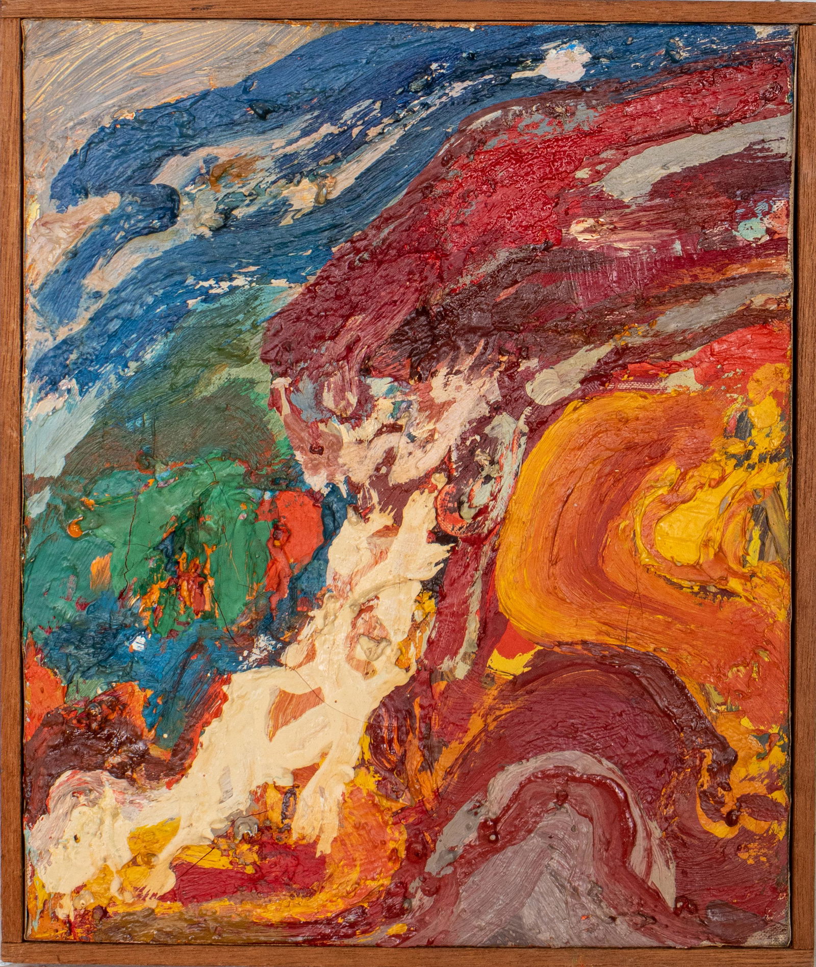 Julius Hatofsky "Untitled" Oil on Canvas, 1961: Julius Hatofsky (American, 1922 - 2006) untitled abstract expressionist oil on canvas, signed and dated 1961 and with a David Herbert Gallery sticker to verso, housed in a hardwood frame. Image: 13" H