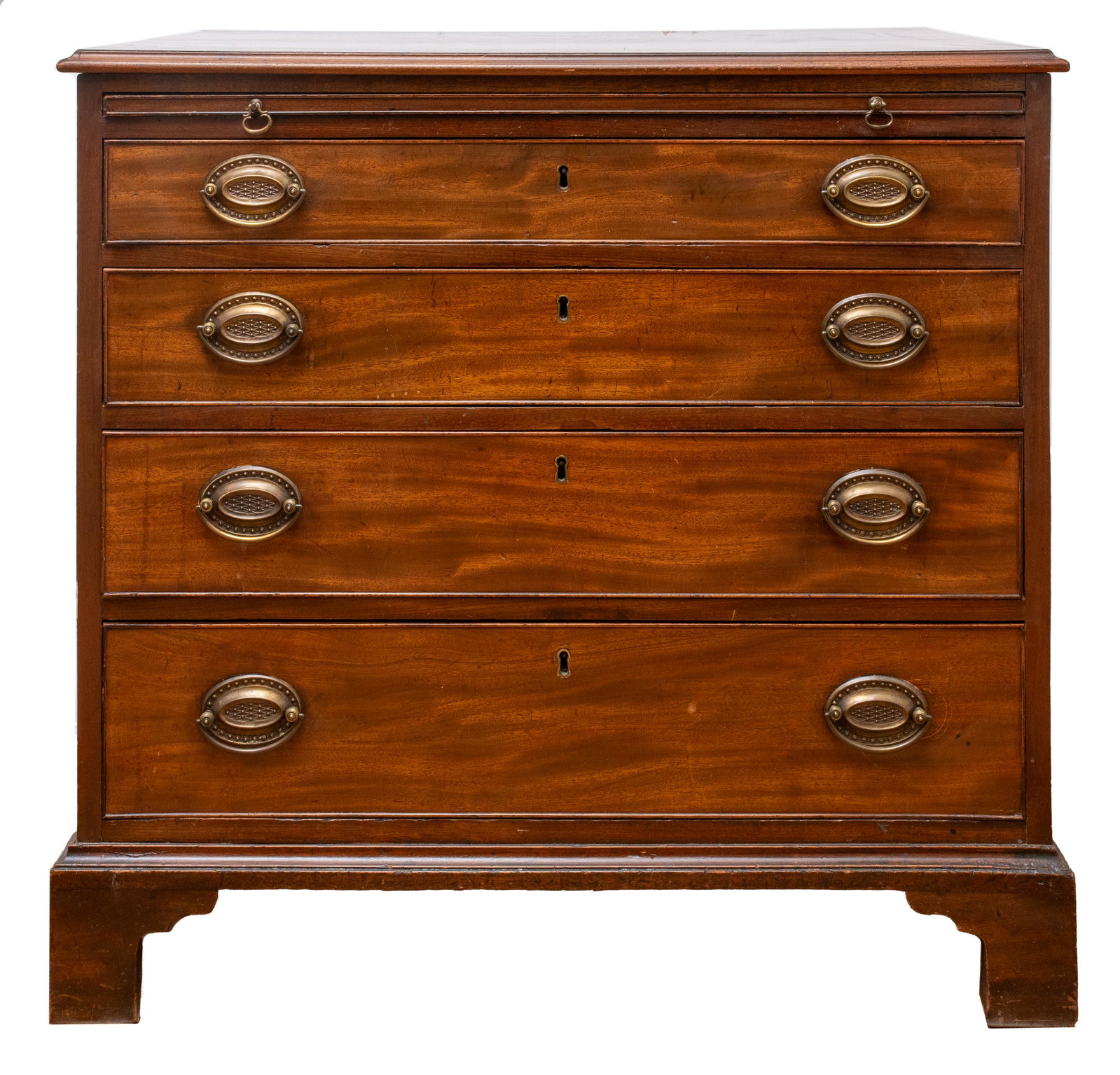 George III Chest of Four Drawers, 19th c: George III chest with four drawers, likely 19th century, of typical form with rectangular top above a slide and four drawers, on bracket feet. 31.5" H x 33" W x 20.25" D.