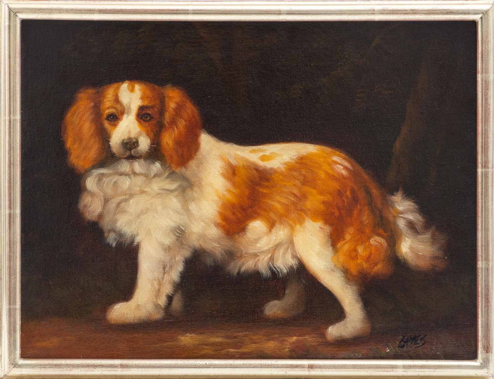 Signed Portrait of a Spaniel Oil on Canvas: Oil on canvas painting depicting a King Charles Cavalier Spaniel dog walking outdoors, signed "Bates" in marker to lower right and housed in a silvered wood frame. Image: 11.5" H x 15.5" W; frame: 13"