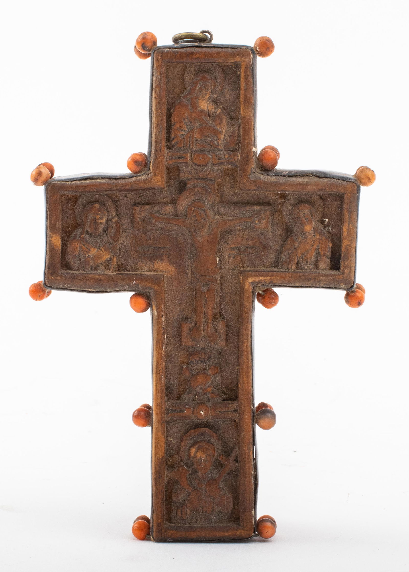 Greek Silver and Coral Mounted Boxwood Cross (1 of 8)