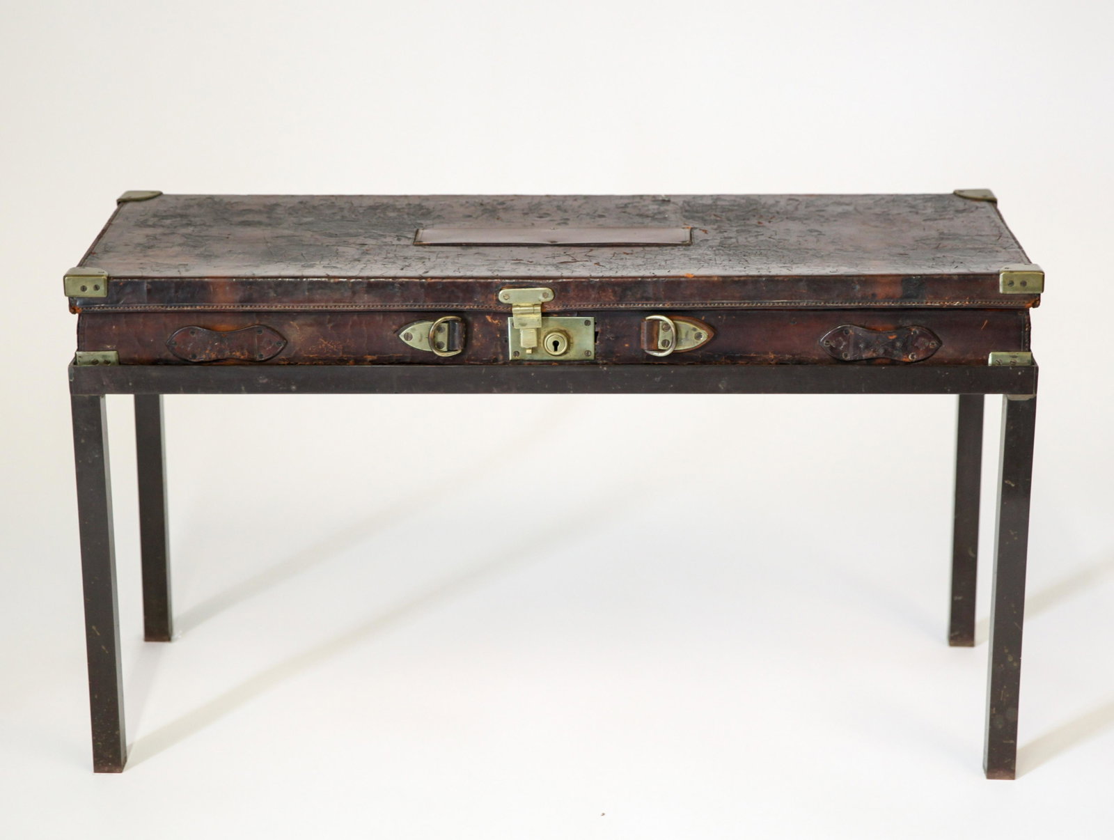 Leather Gun Case on Stand / Coffee Table: Leather gun case / box on stand. 18" H x 33" W x 13" D.