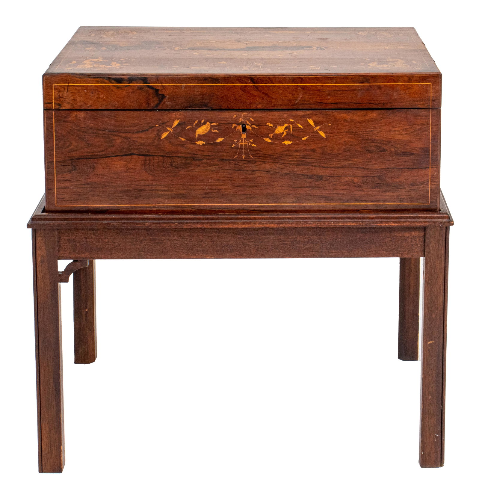 Late Regency Rosewood Writing Box Side Table: Late Regency inlaid rosewood writing box, 19th c.,now mounted on Chinese style stand as a side table.24.5" H x 25" W x 17" D Provenance: Shreve, Crump, & Low, Boston; Mr. Richard Schneider, New York.