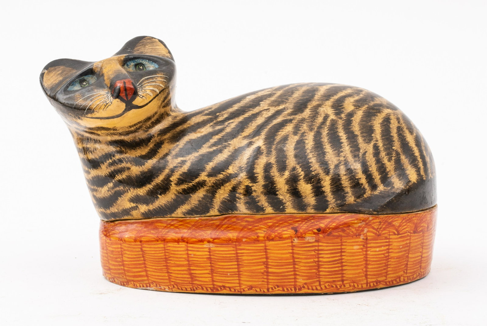 Cat in a Basket Paper Mache Decorative Box: Cat in basket paper mache hand-painted decorative box. 4" H x 6" W x 4" D. Provenance: Removed from an estate located at 160 E 65th Street.