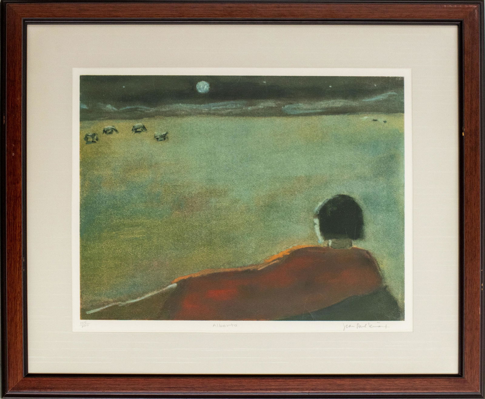 Jean Paul Lemieux "Alberta" Lithograph: Jean Paul Lemieux (Canadian, 1904 - 1990), "Alberta," edition 105/225, signed lower right in pencil. Image: 17" H x 21" W; frame: 26" H x 29.5" W