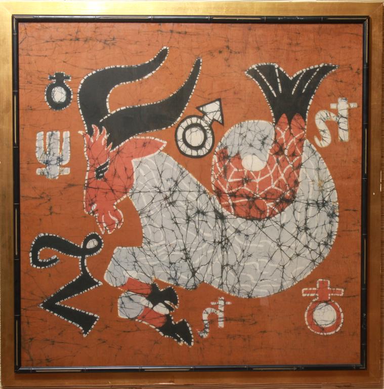 Capricorn Astrology Sign w Symbols Batik Textile: Capricorn western astrological sign with symbols, batik textile. Image: 37.5" H x 37.5" W; frame: 42.25" H x 42.25" H.