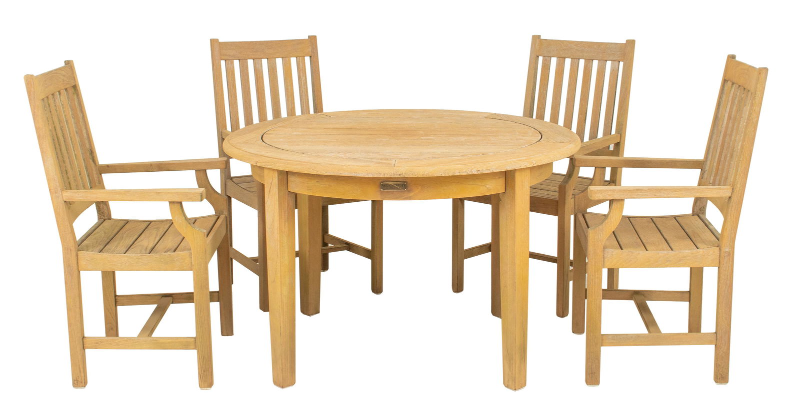 Weatherend Outdoor Dining Set in Teak: Weatherend outdoor dining set in teak, consisting of four armchairs and a round table, the chairs with rectangular slatted backs and seats, the table similarly constructed with a round top above squar