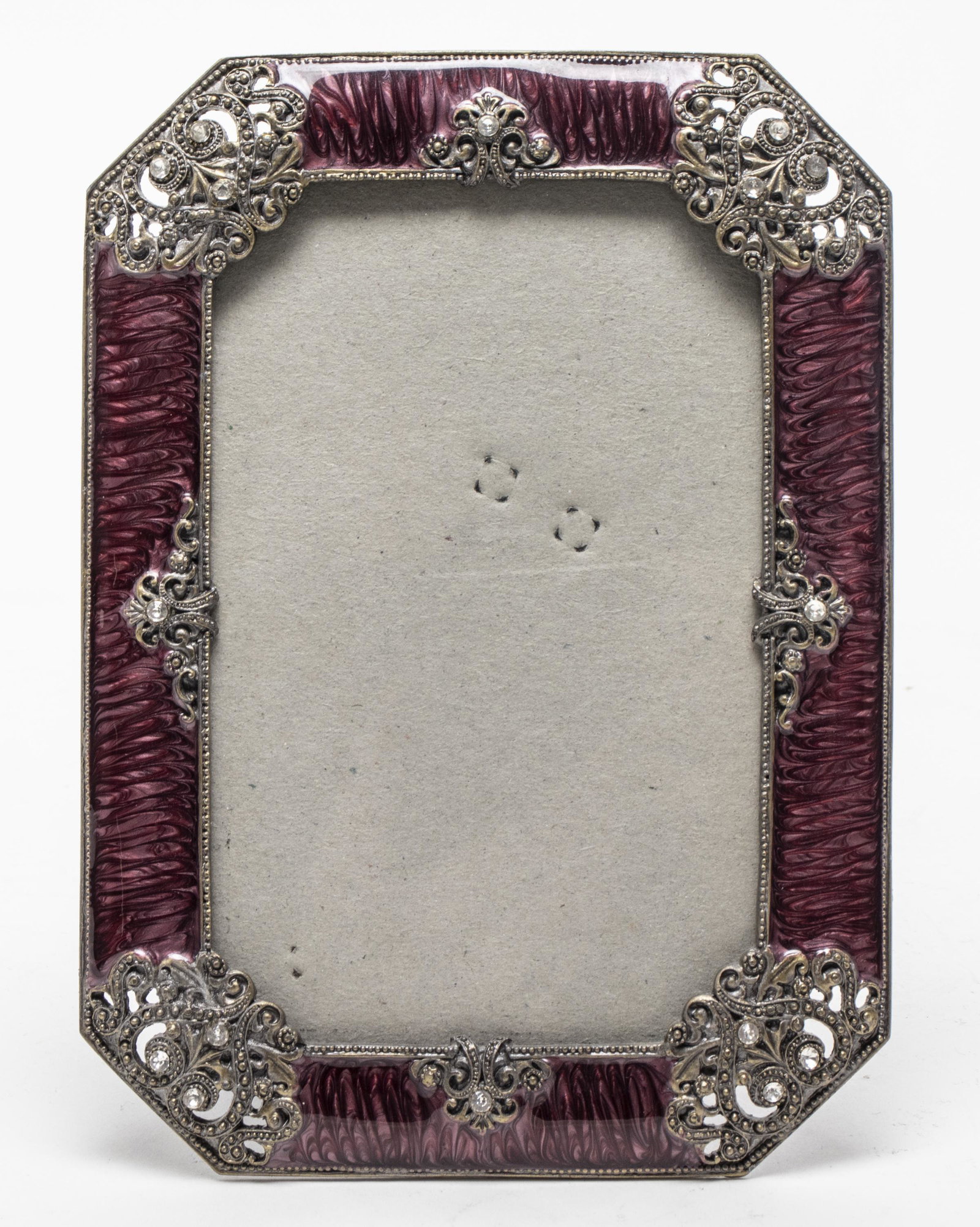 Jay Strongwater Enameled Metal Picture Frame: Jay Strongwater designer picture frame, enameled metal and rhinestones, signed on reverse: "Jay Strongwater," accompanied by original box. Image: 5.625" H x 3.375" W; frame: 7.25" H x 5.25" W.