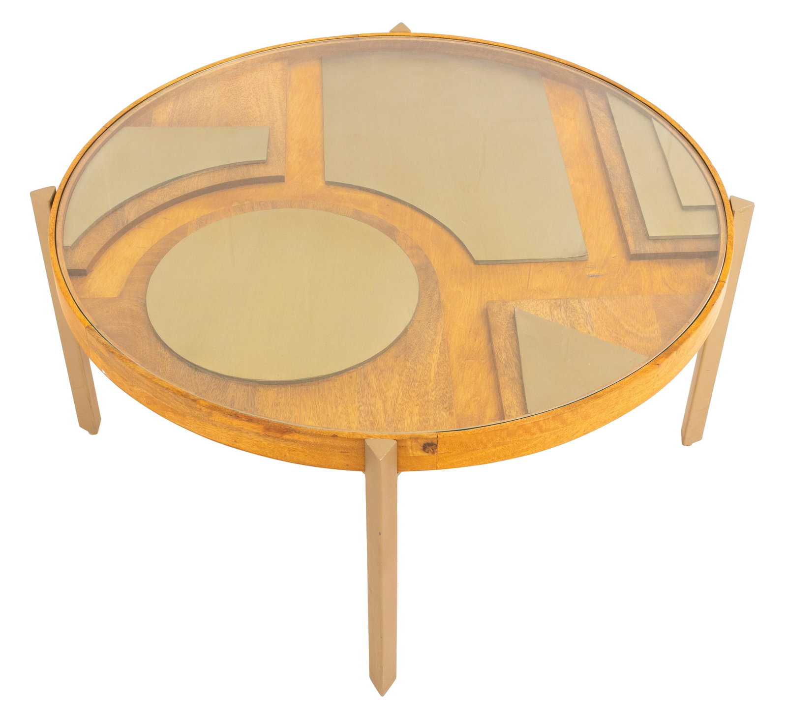 Modern Layered Round Coffee Table: Modern minimalist coffee table with layered wood and metal inset geometric decor underneath a circular glass top. 16" H x 35" Diameter.