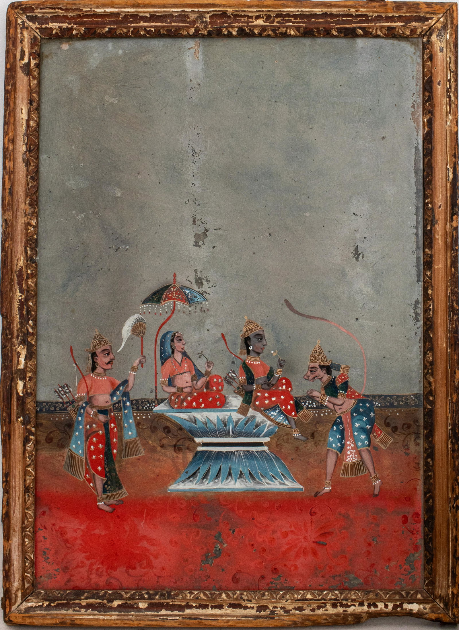 Indian Reverse Painting on Glass with Krishna: Antique Indian reverse painting on glass depicting Krishna and queen consort seated upon a lotus throne meeting Hanuman, housed in a wooden frame. Image: 19.75" H x 13.6" W; frame: 22.25" H x 16.25" W