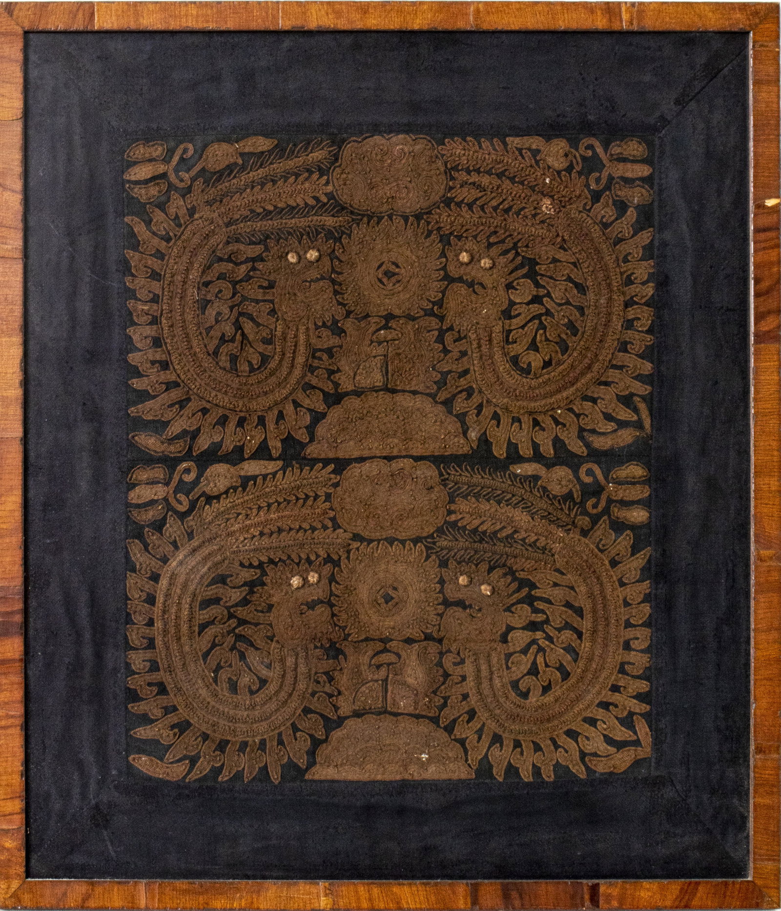 Early Continental Embroidered Panels of Dragons: Early Continental embroidered textile panels depicting dragons, worked in brown, set in frame. Image: 16.75" H x 13.75" W; frame: 23.5" H x 20.25" W x 0.5" D.