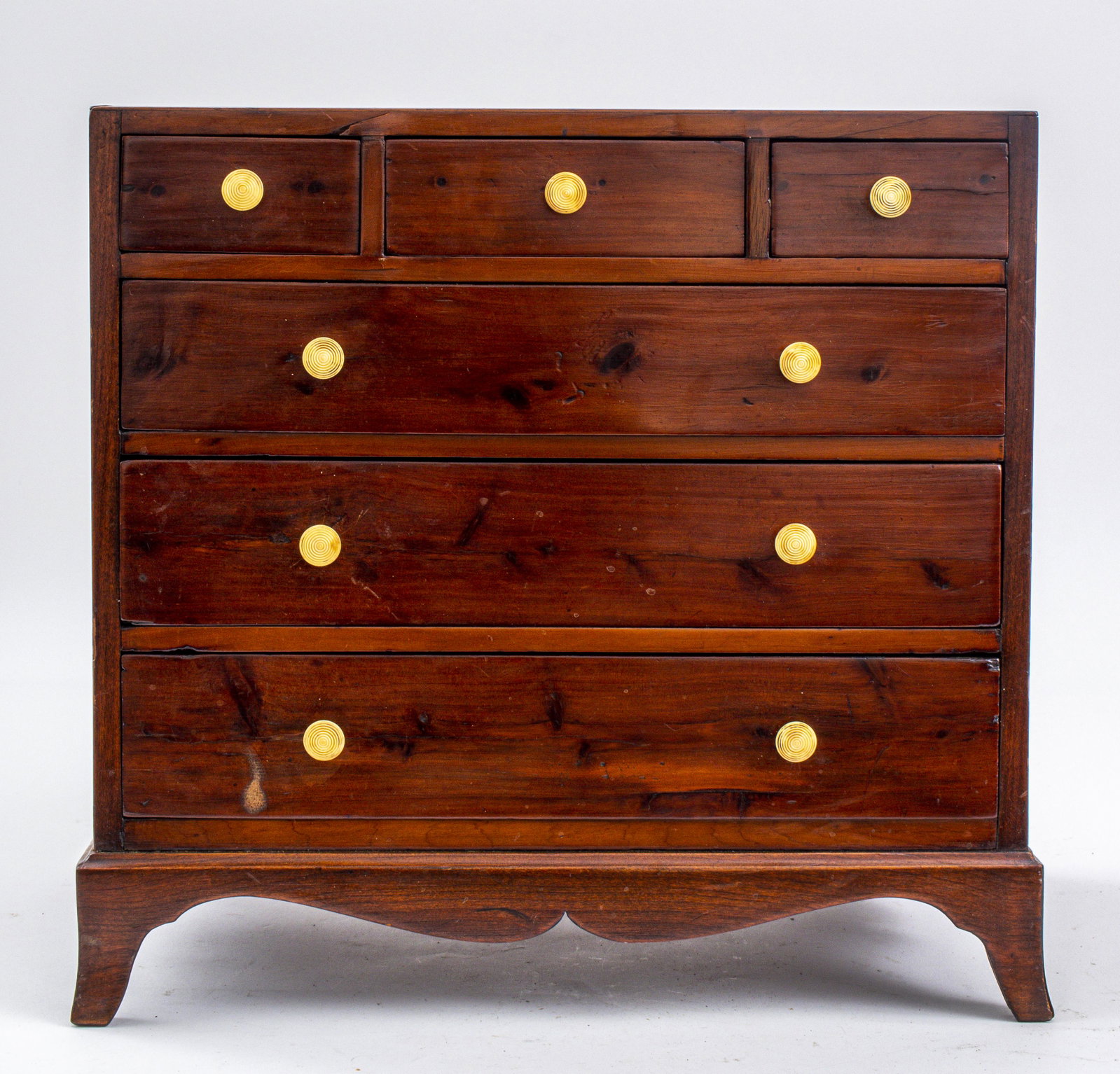 Miniature Wooden Dresser: Miniature wooden dresser with six drawers, one of which has a secret compartment and another one which is subdivided, resin knobs, unmarked, possibly a salesman's sample. 13.5" H x 14" W x 10" D