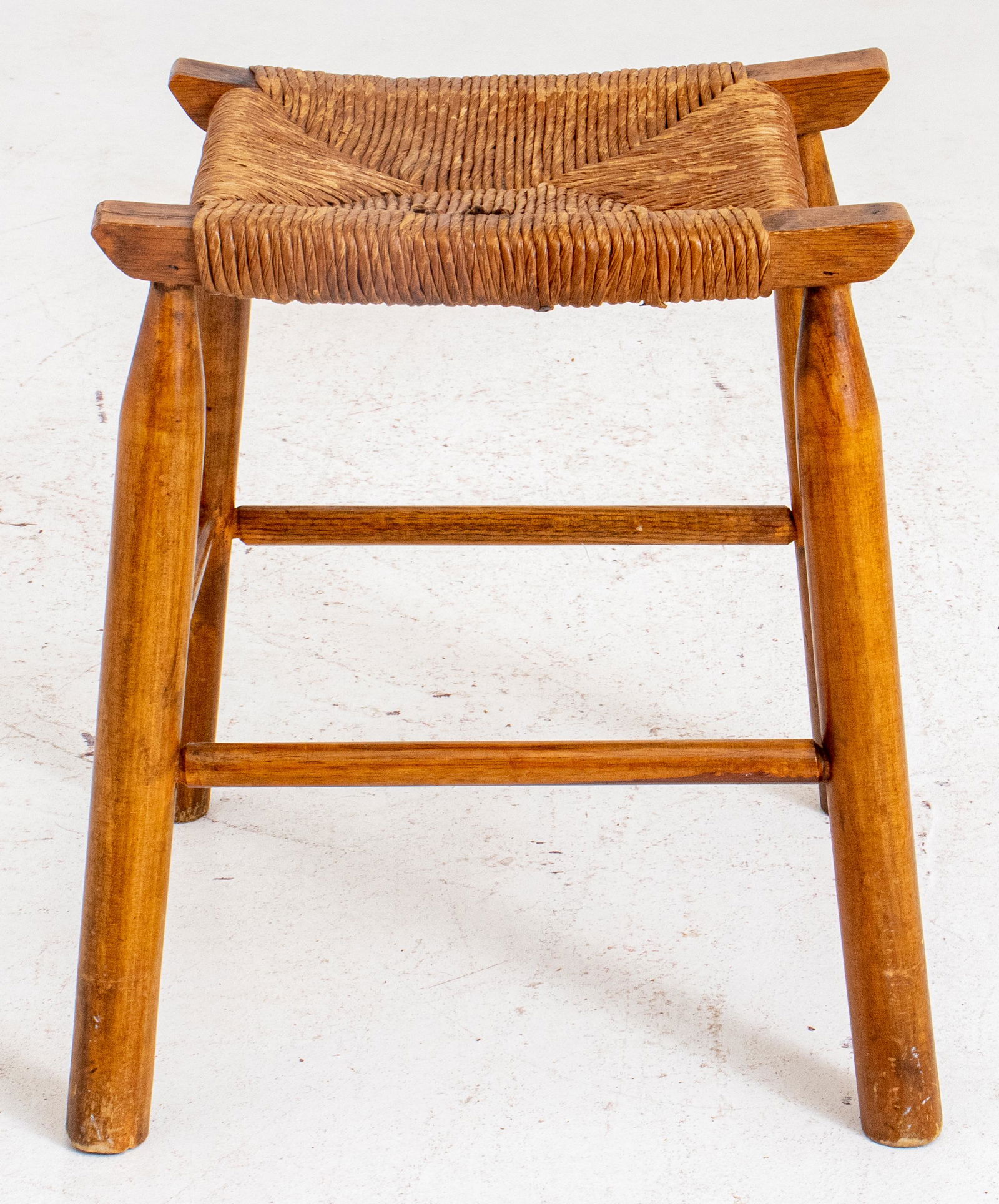 British Arts & Crafts Style Rush Stool: British Arts & Crafts style oak and rush stool in the William Morris manner, square seat on four legs joined by stretchers. 17" H x 14" W x 10" D