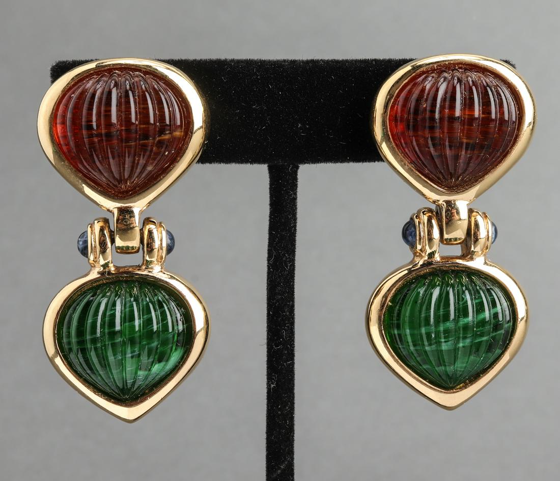 Vintage Gold Tone Colored Glass Clip-On Earrings: Vintage well crafted gold tone carved colored glass clip-on earrings, comprising of brown, green and blue glass. 2.0"L x 1.0"W.