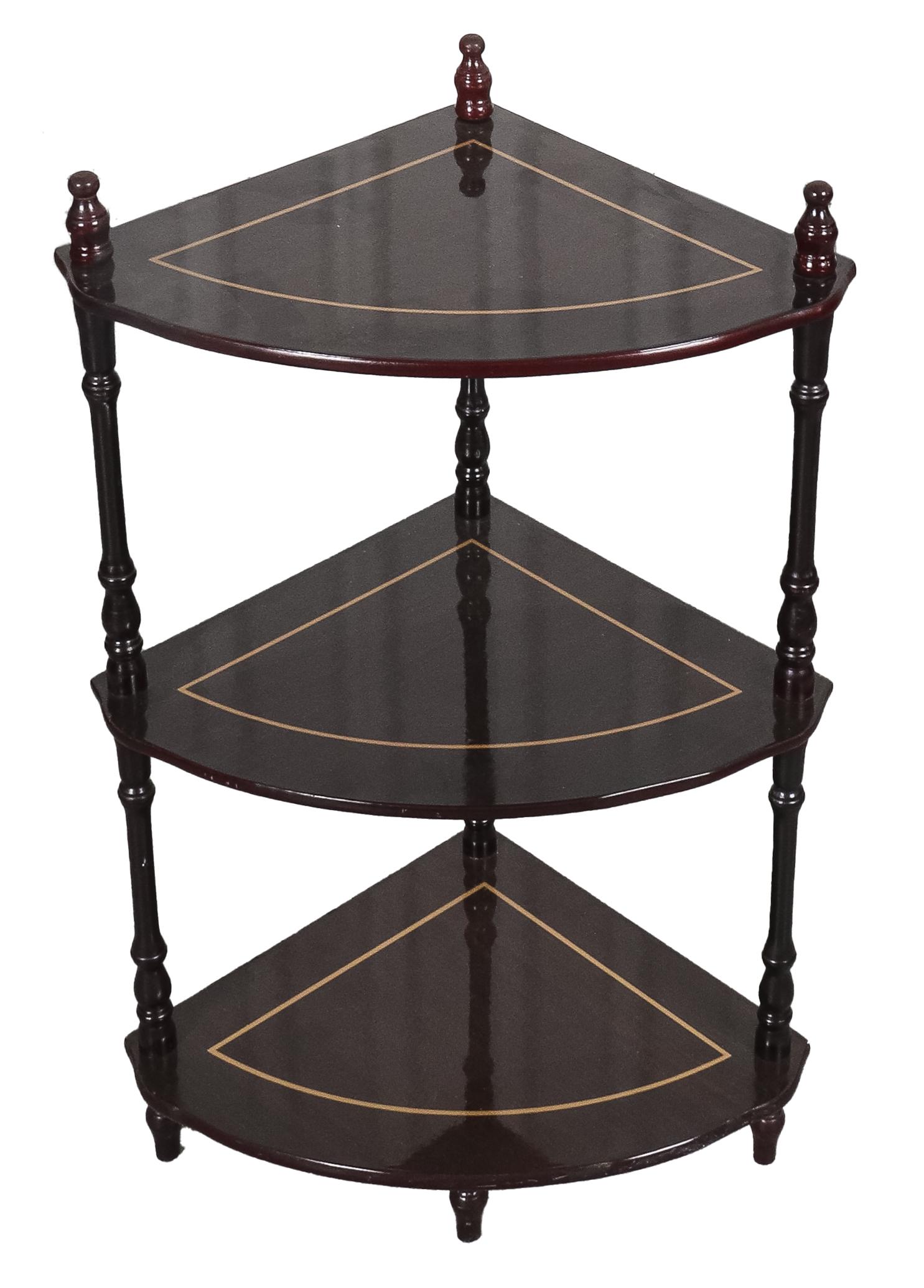 Edwardian Style Ebonized Corner Etagere: Edwardian style ebonized and parcel gilt etagere with three levels. 28" H x 13" W x 13" D.