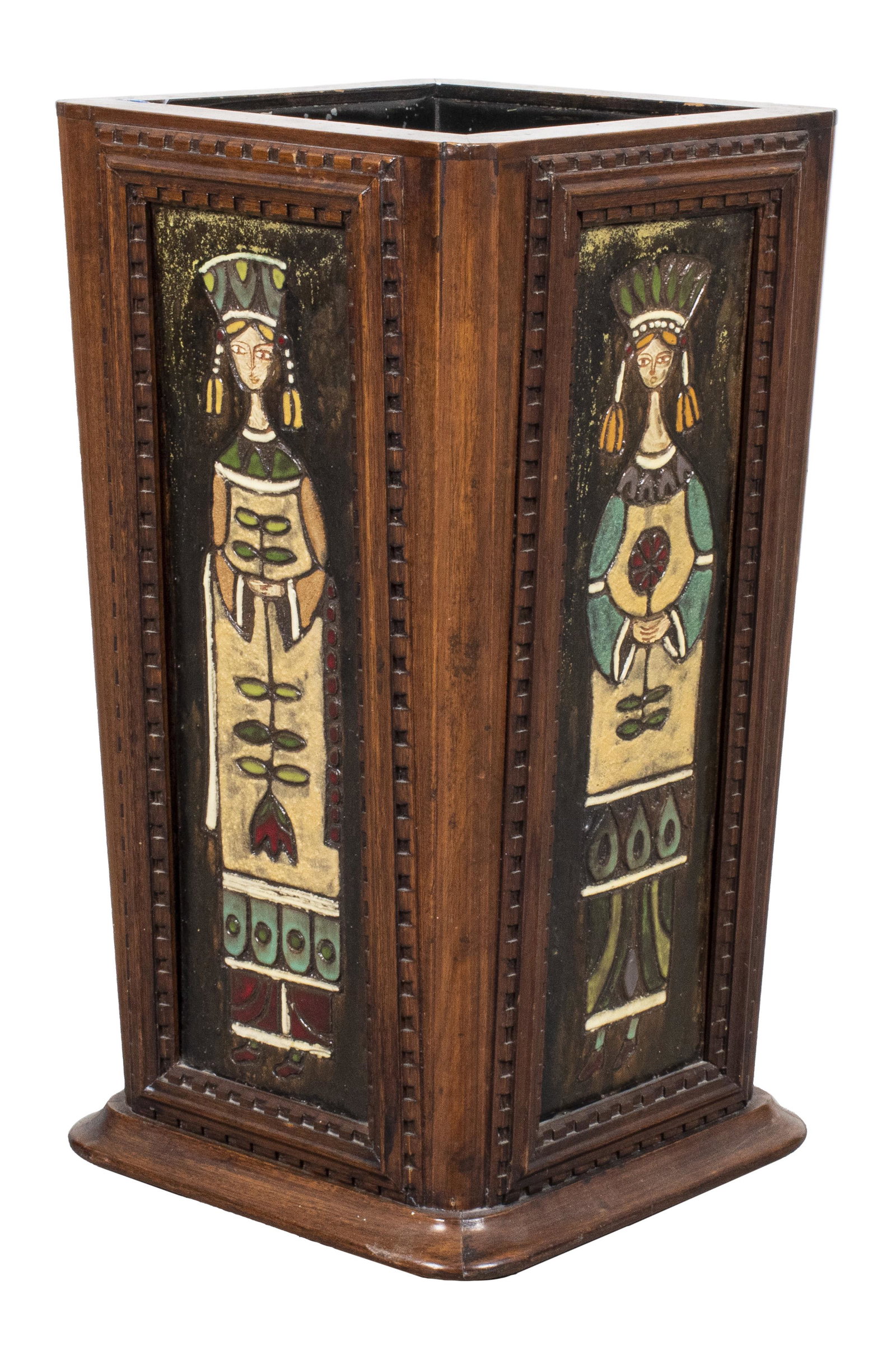 Scandinavian Polychromed Mahogany Umbrella Stand: Scandinavian Polychromed carved mahogany umbrella stand, the sides with figures. 18.5” H x 10” W x 10” D