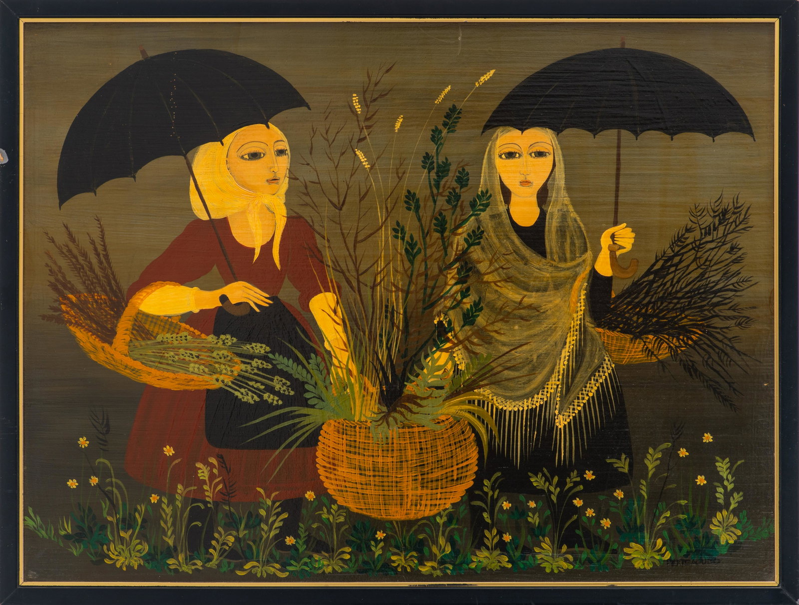 Carlos Perteagudo "Despues de la Iluvia" Oil: Carlos Perteagudo (Argentinian, b. 1937) "Despues de la Iluvia / After the Rain" oil on board panel painting depicting two women holding umbrellas and collecting plants and flowers in baskets, signed 