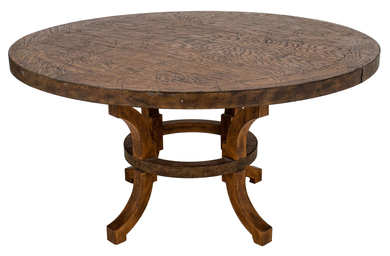 Arts & Crafts Manner Round Oak Dining Table: Arts and Crafts style round dining table, top branded with a flower of life design, sides mounted with metal veneers, and upon four legs, in the manner of Stickley. 31.5" H x 59.5" diameter.