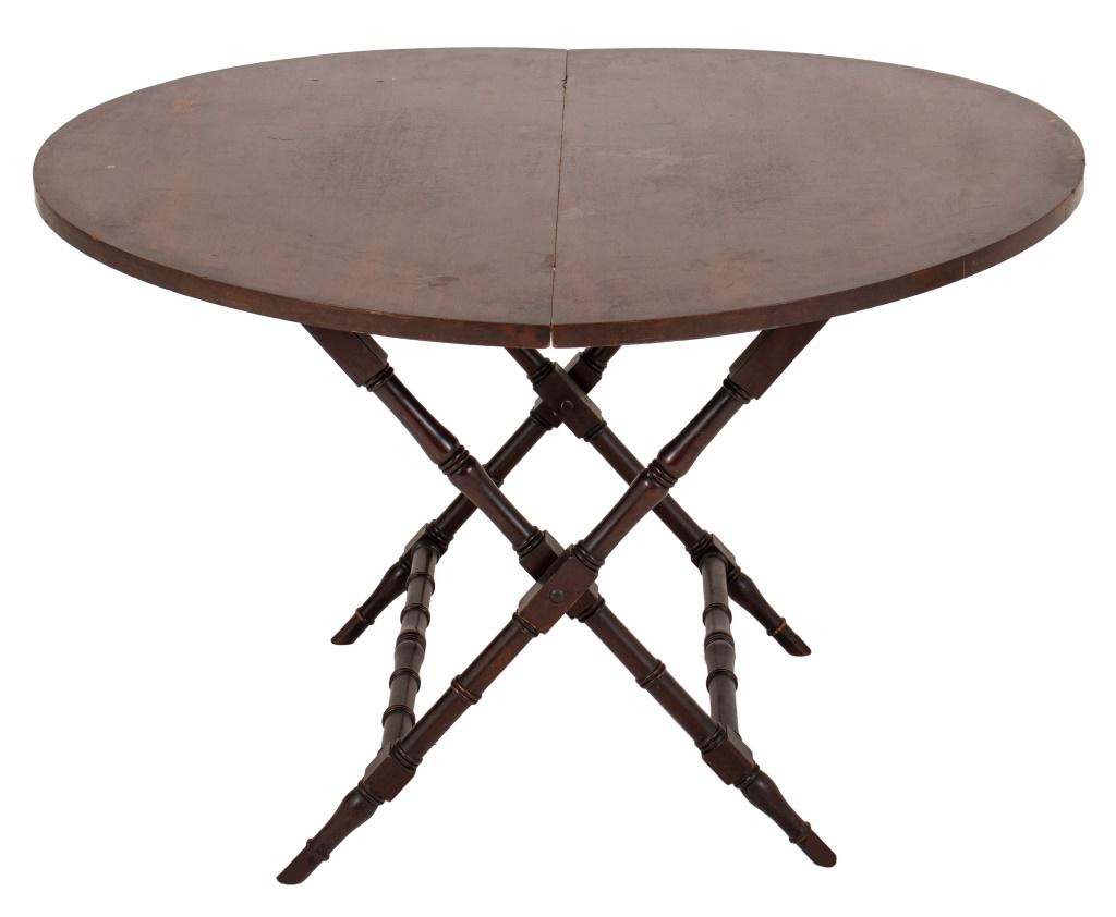 Hardwood Round Folding Coaching Table: Antique hardwood round folding coaching table with turned legs. Wear and staining to top. 25" H x 39.5" diameter when extended.