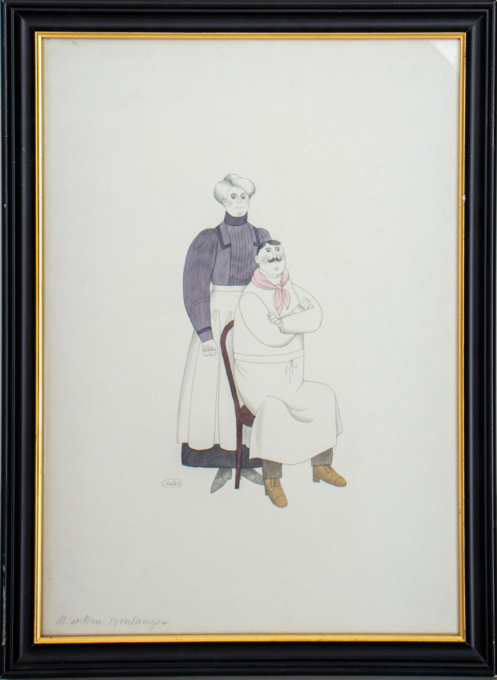 Jan Balet "M. et Mme. Boulanger" Watercolor: Jan Balet (German, 1913-2009) "M. et Mme. Boulanger" graphite and watercolor on paper drawing painting depicting Mr. Baker seated in a chair with Mrs. Baker standing by his side, signed and dated to l