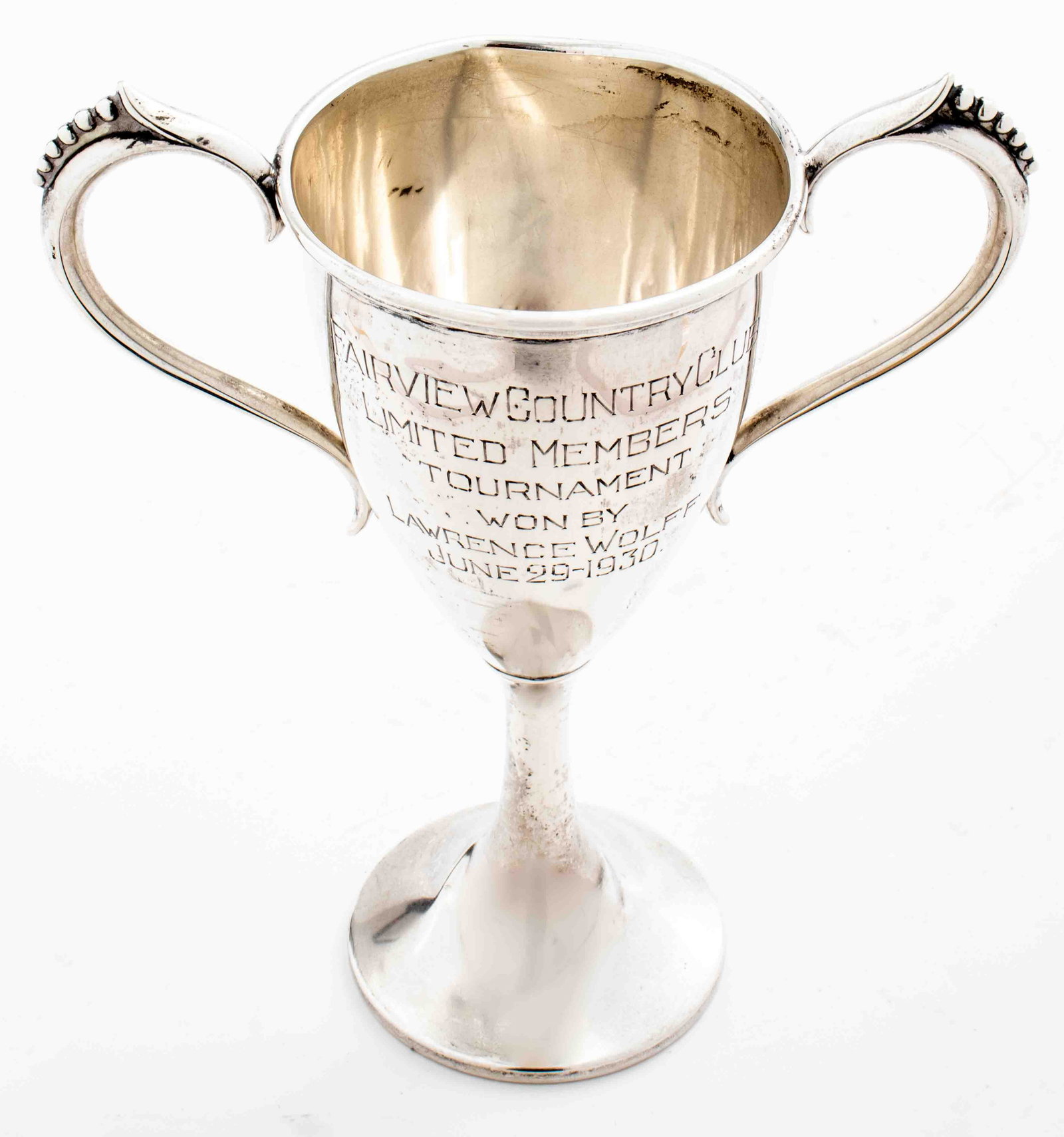 Elgin American Sterling Golf Trophy Dated 1930: Elgin American sterling silver two-handled golf trophy, engraved " Fairview Country Club / Limited Members / Tournament / Won By / Lawrence Wolff / June 29 1930," marked " Elgin American / MFG Co. / S