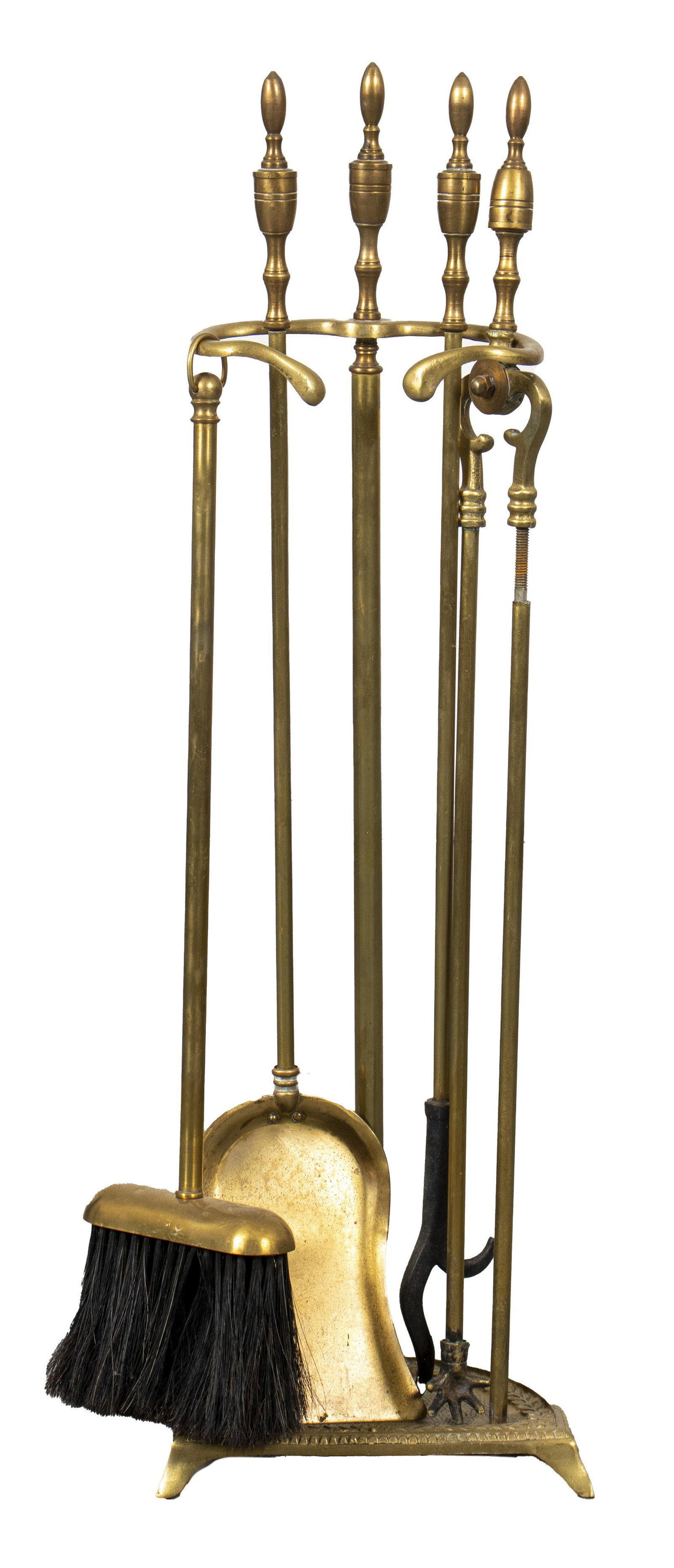Brass Fireplace Tool Set: Brass fireplace tool set comprising a stand, tongs, shovel, brush, and log poker, with slim urn finial motif. 30” H x 9” W x 6” D