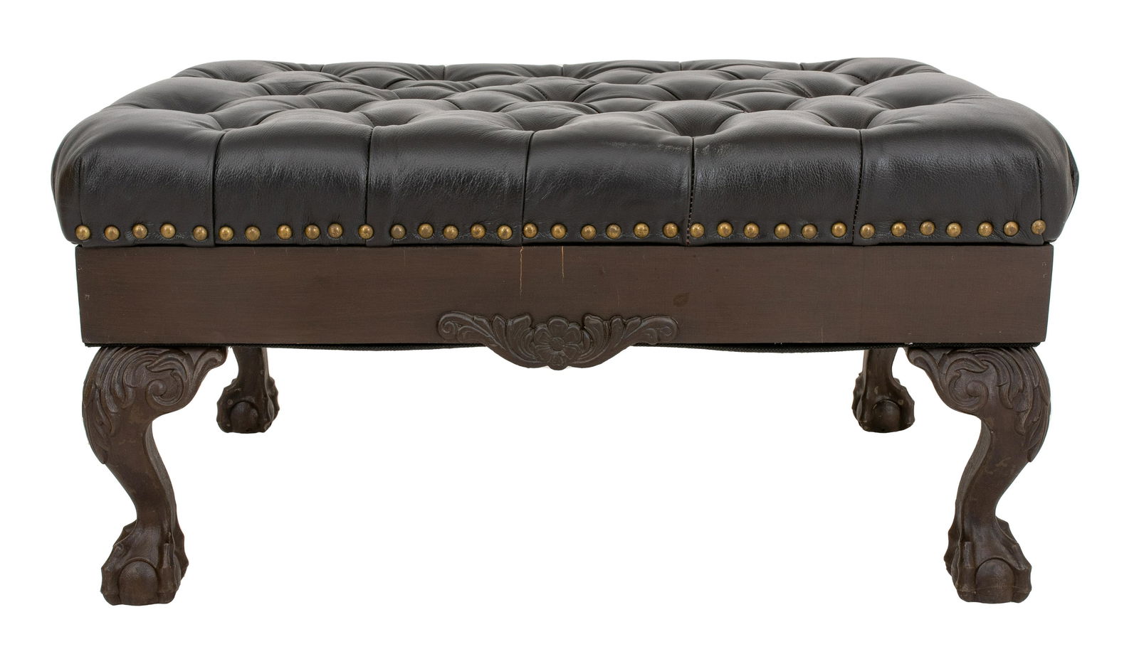 Queen Anne Style Black Tufted Leather Ottoman (1 of 14)