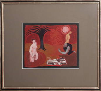 William Scharf "Susannah And" Gouache on Paper: William Scharf (American, 1927-2018), "Susannah And," gouache on paper, October 27, 1949, signed lower right in pencil, signed and dated on reverse. Image: 9.25" H x 11.5" W; frame: 18.5" H x 20.5" W.