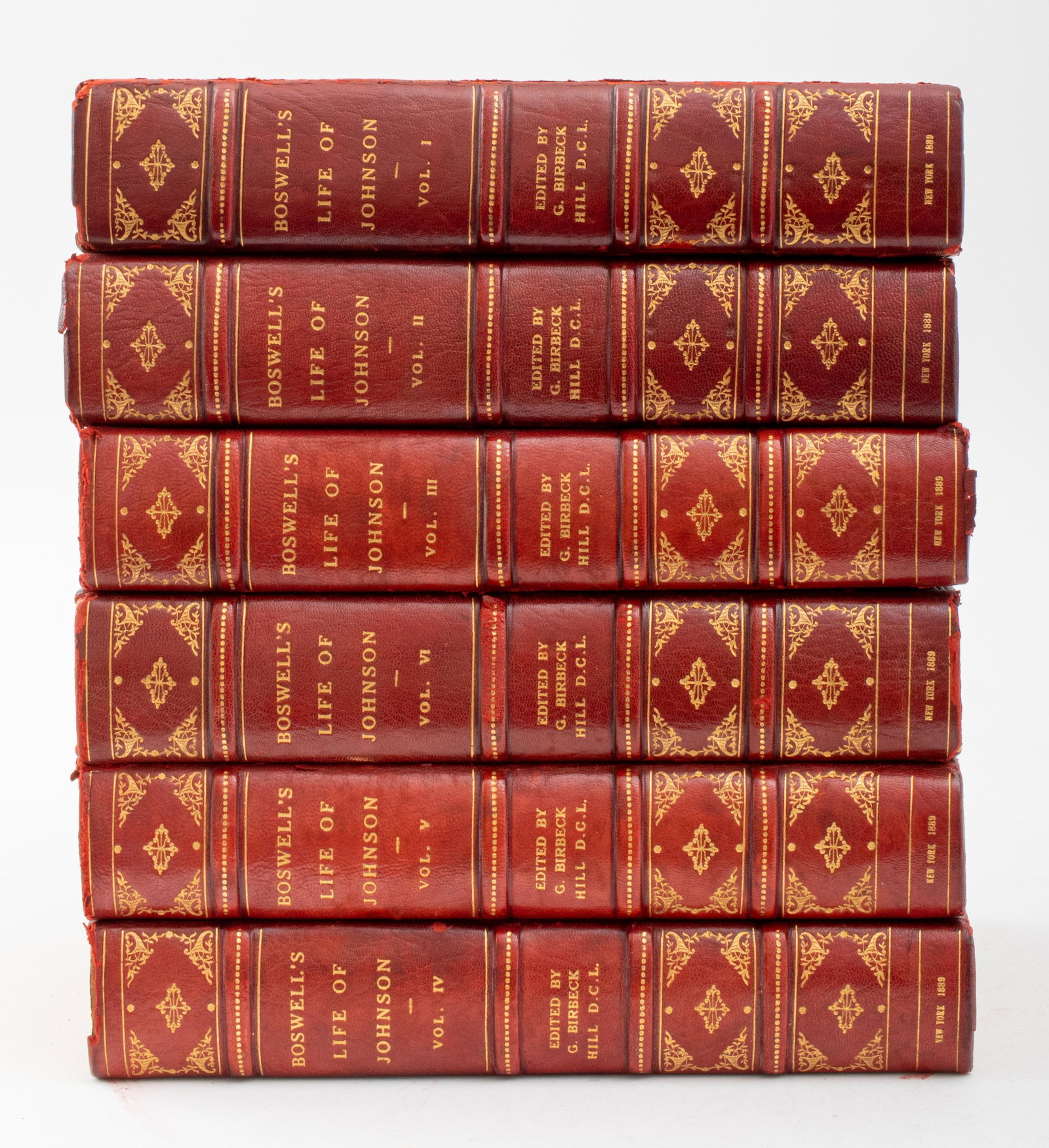Boswell's Life of Johnson in 6 Vols., 1889: Boswell's Life of Johnson in Six Volumes bound in red leather with gilt lettering, published by Harper and Brothers, Franklin Square, New York, 1889, numbered 276 out of a limited printing of 300 copi