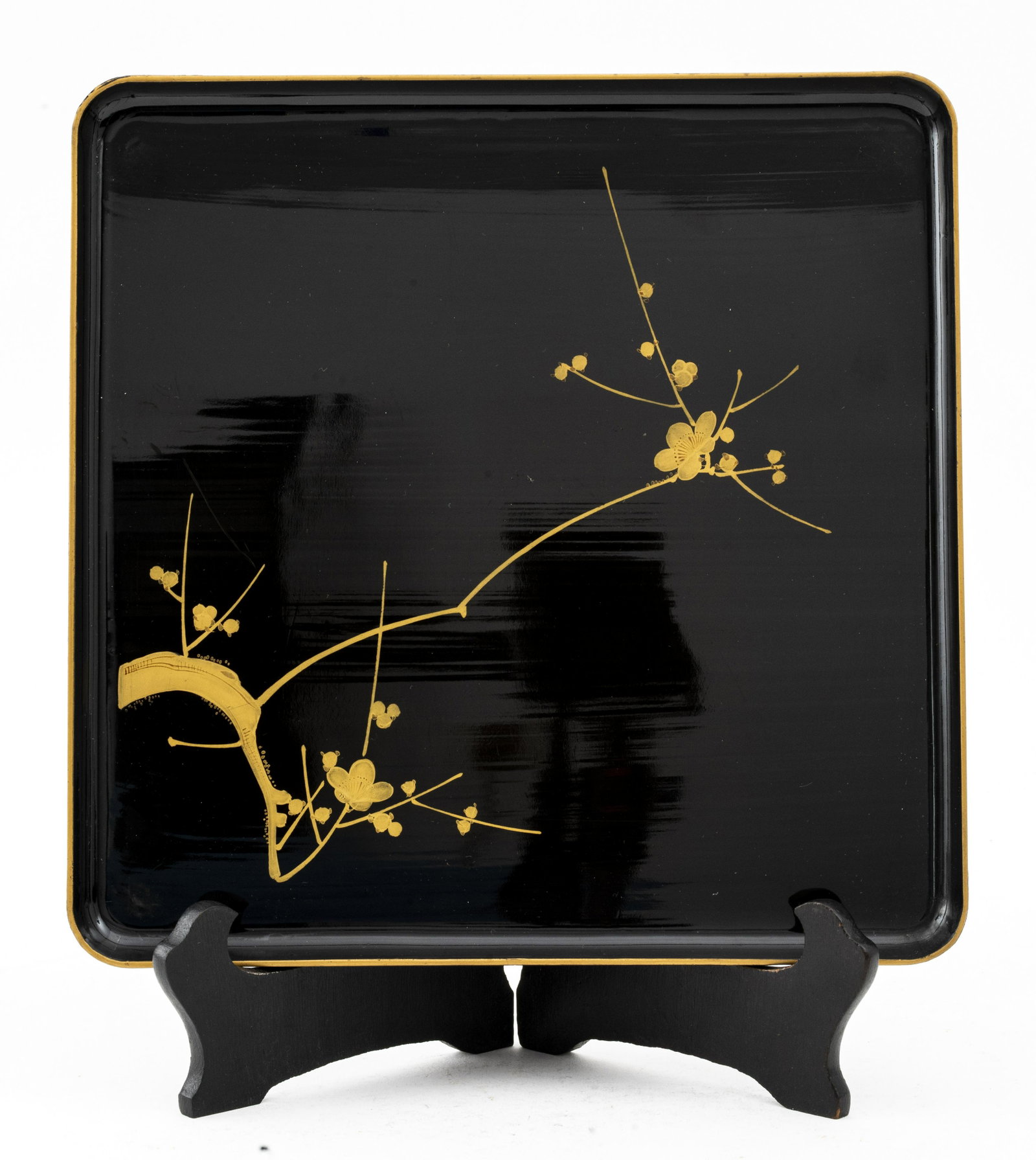 Japanese Hand-Painted Lacquered Tray: Japanese hand-painted lacquered raised tray. 10.75" H x 10.75" W