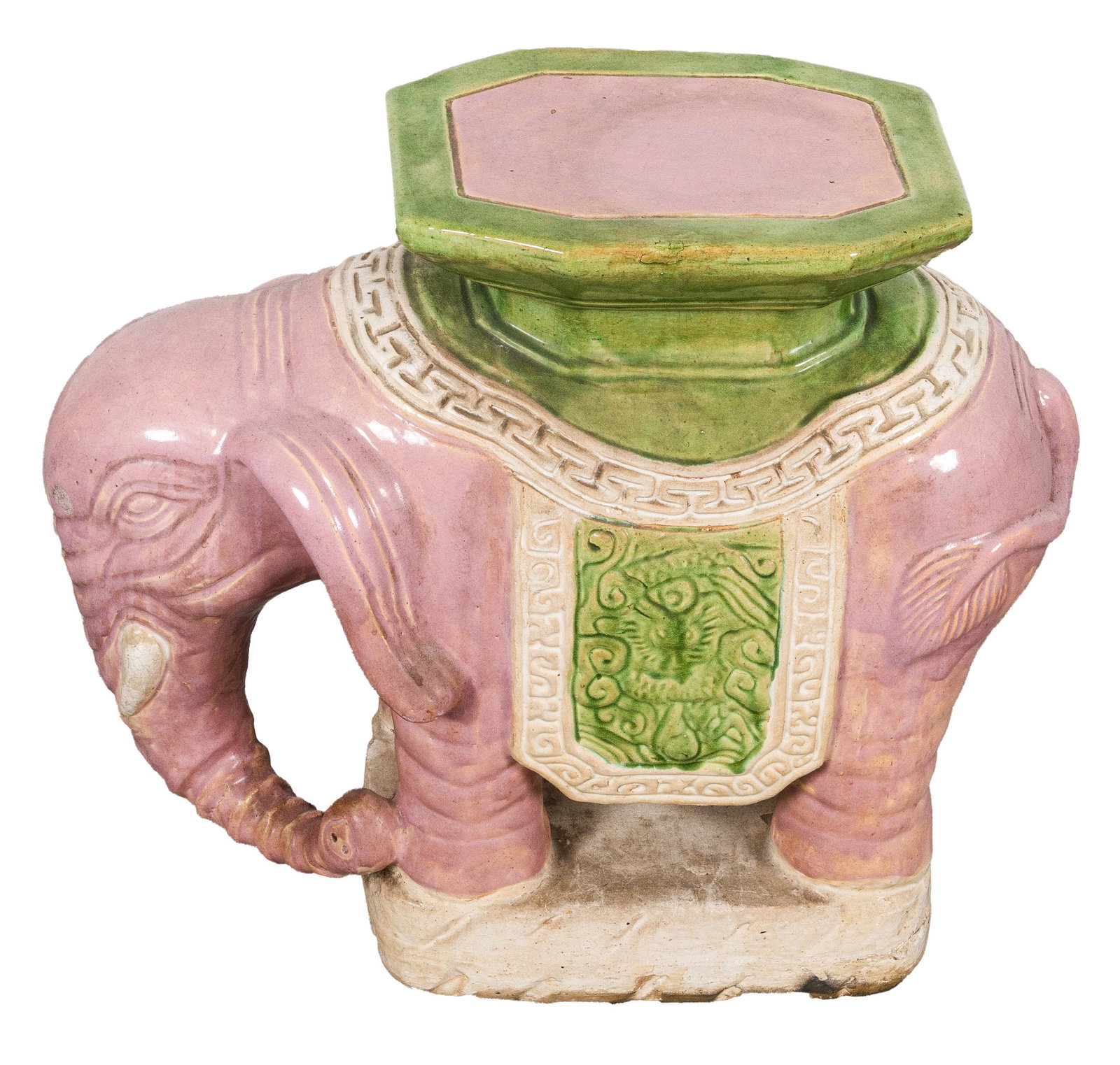 Glazed Earthenware Elephant-Form Garden Seat: Glazed earthenware elephant-form garden seat or stool, glazed pink and green. 19.5" H x 22" W x 10.5" D.