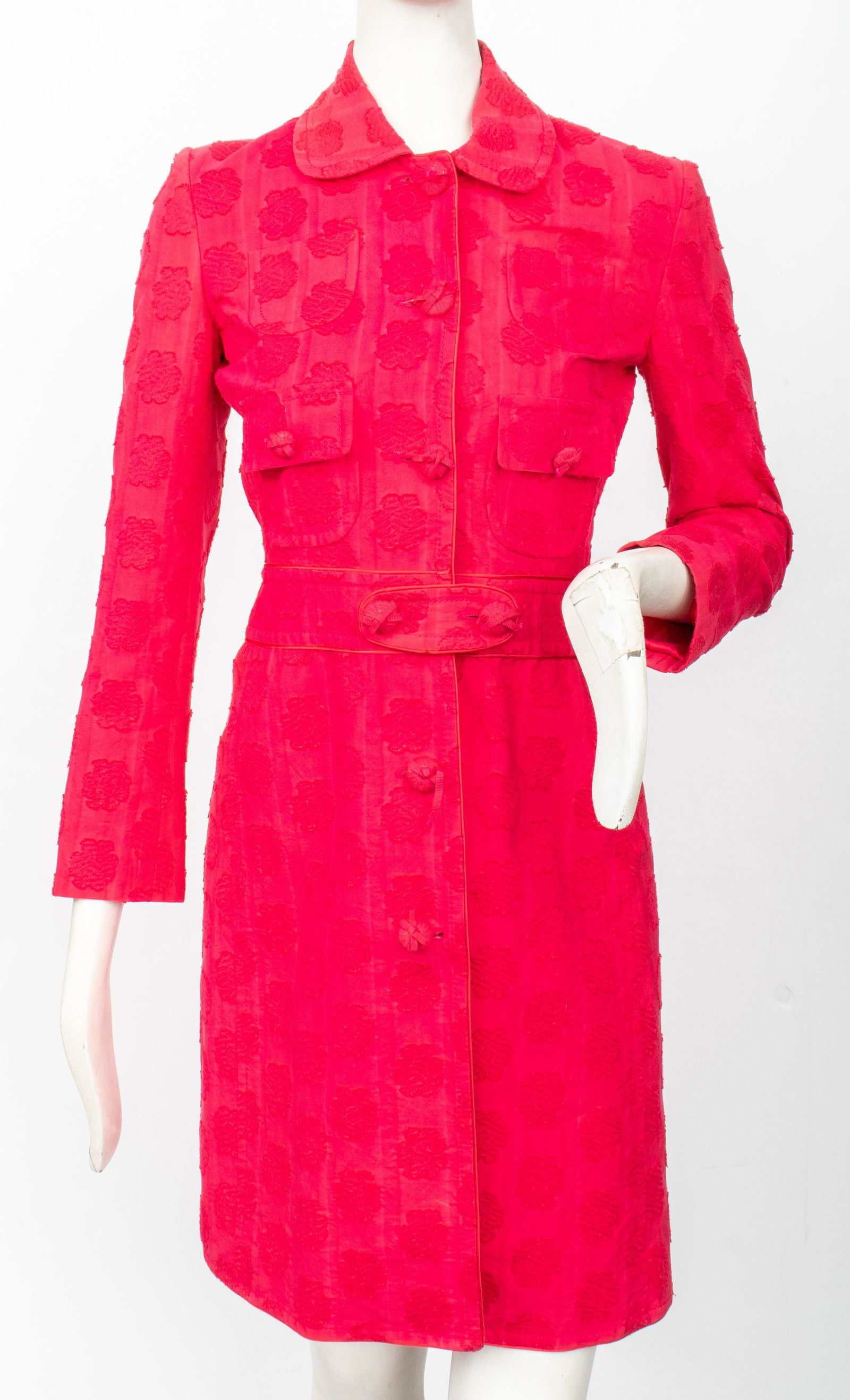 Blumarine Red Floral Coat: Blumarine red floral coat, made in Italy, no size or composition label present. Runs small. Shoulder: 15", bust: 35", waist: 29", hips: 37", length: 37", sleeve length: 23".