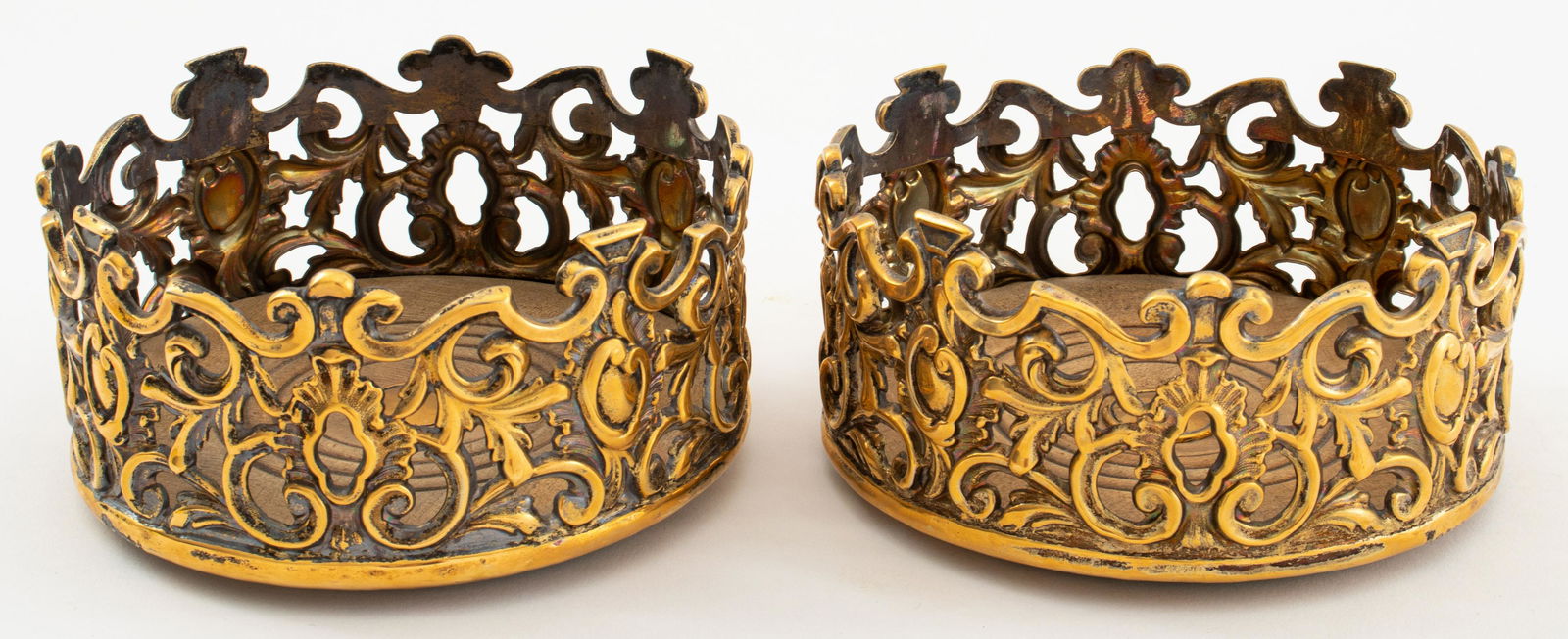 English Baroque Style Openwork EPGS Wine Coasters: English Baroque style openwork EPGS wine coasters. 3" H x 5.5" diameter