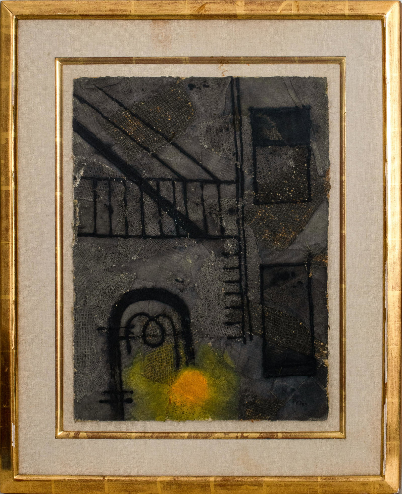 Initialed P.O. Untitled Mixed Media: Untitled, mixed media, 1955, initialed P.O. lower right. Image: 19.5" H x 15" W; frame: 29" H x 24" W. Provenance: Removed from a private residence designed and furnished by James Mont at 370 East 76t
