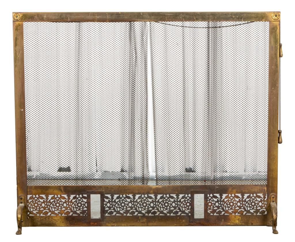 Brass Fireplace Screen: Brass fireplace fender. 31.5" H x 38.25" W x 6.5" D.