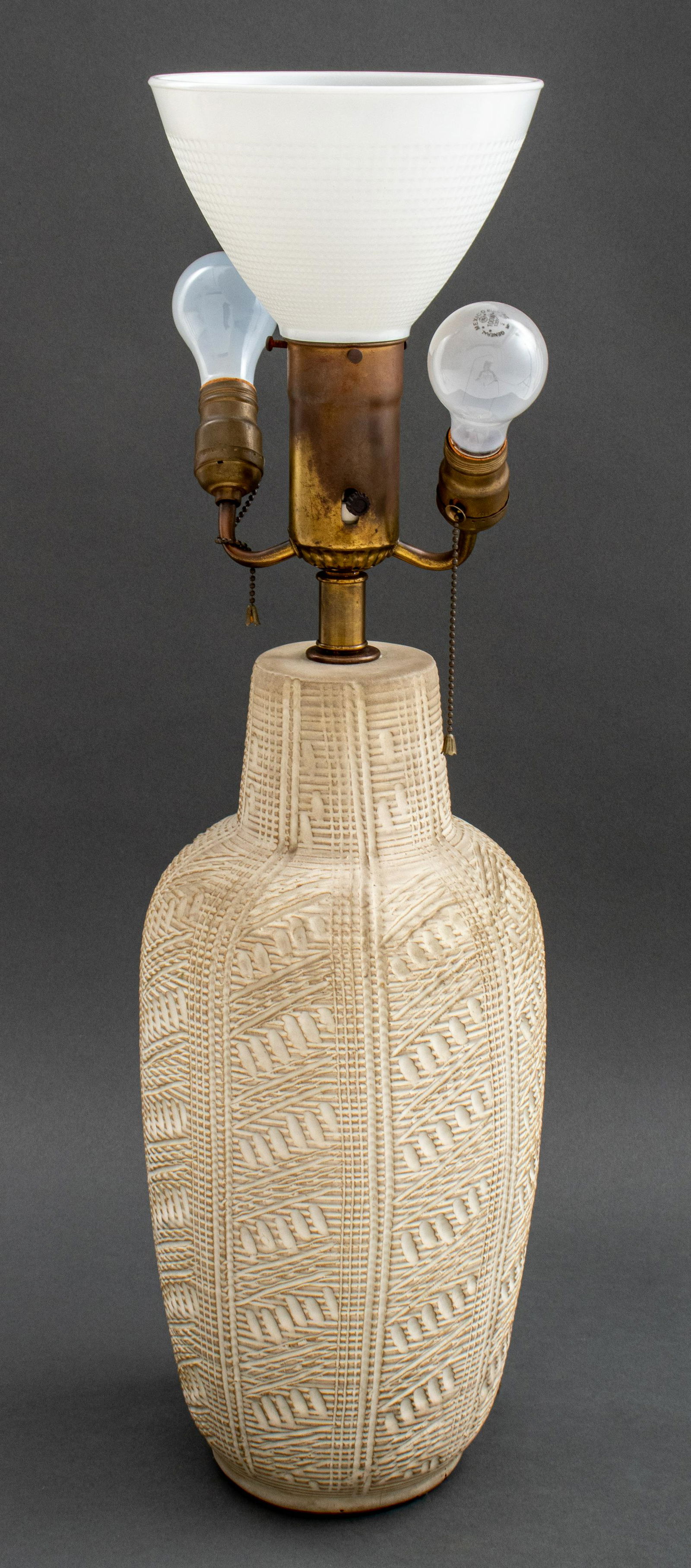 Taupe-Glazed Incised Contemporary Ceramic Lamp. (1 of 7)