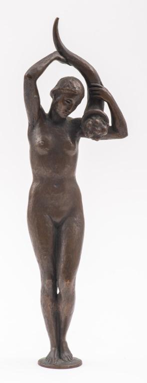 Hans Schwegerle Art Deco Bronze Nude Woman, 1927: Hans Schwegerle (German, 1882-1950) Art Deco bronze sculpture of a standing nude woman holding a cornucopia, signed 'H Schwegerle 27' on the base. 12.75" H x 4" Diameter.