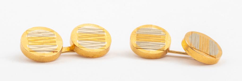 Vintage 18K Gold Engraved Double Sided Cufflinks: Vintage 18K gold engraved double sided cufflinks in tri- colored gold, marked "IFOR, 750, 319 Vi". Circular panels measure Approx. 1/2 " in diameter, attached by a bar measuring approx. 5/8". Approx 5