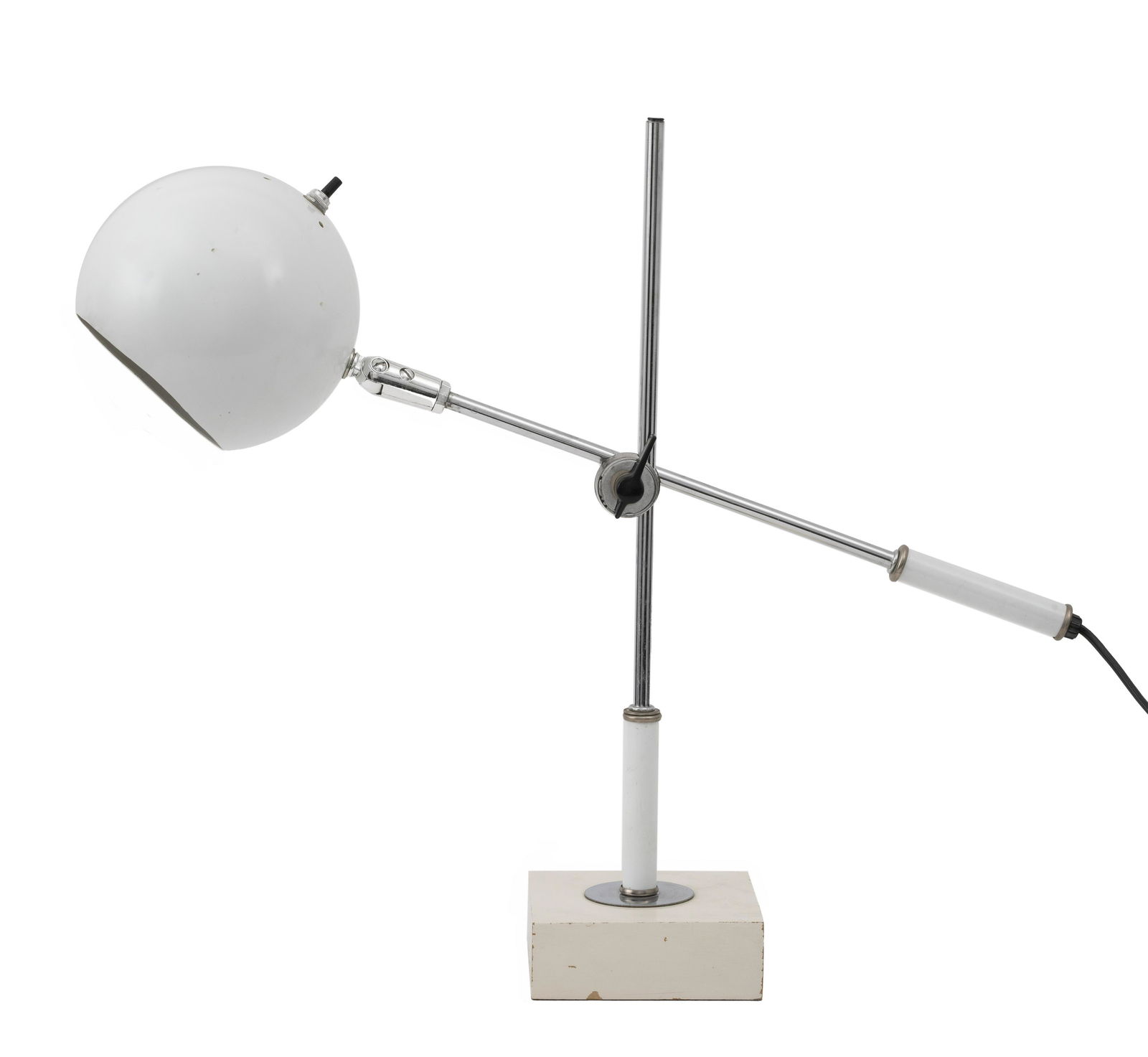 Sonneman Mid-Century Modern Desk Lamp: Robert Sonneman Mid-century modern articulated desktop table lamp with white enamled spherical shade upon a white-painted wooden base. 18.8" H x 20" W x 16" D.