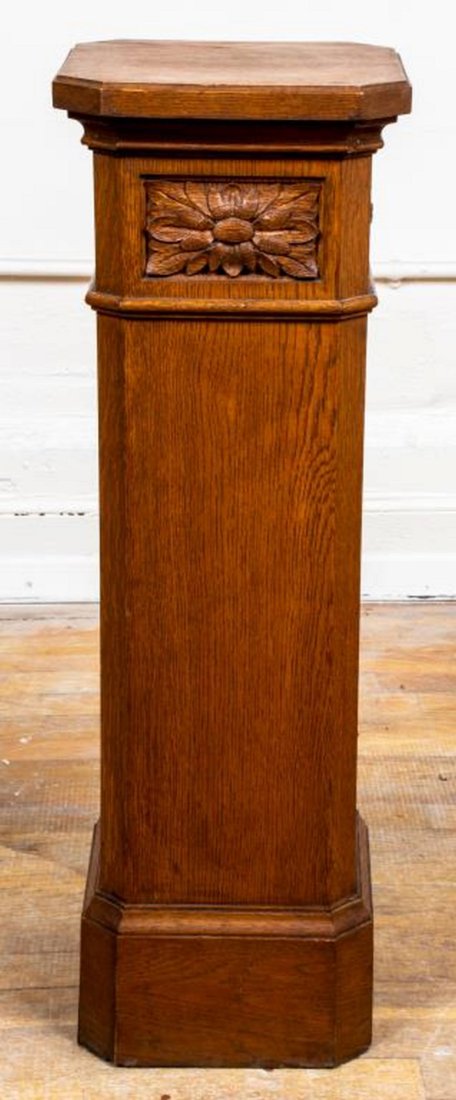 Neoclassical Style Carved Oak Pedestal: Neoclassical style carved oak pedestal, with central rosette detail. 30.25" H x 10" W x 10" D.